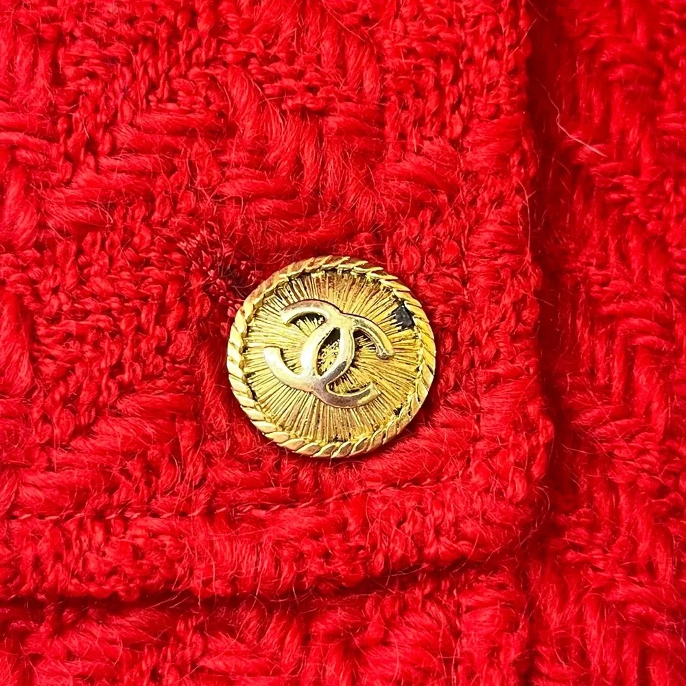 Vintage Chanel Boutique Red Herringbone Wool Suit Jacket and Skirt Set / Size 40
